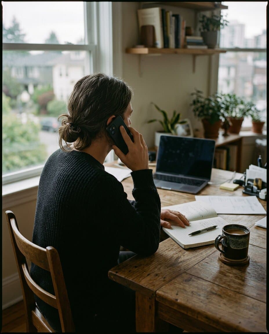 A business owner on a phone call at a wooden desk by a window, a notebook and a mug of coffee beside them.