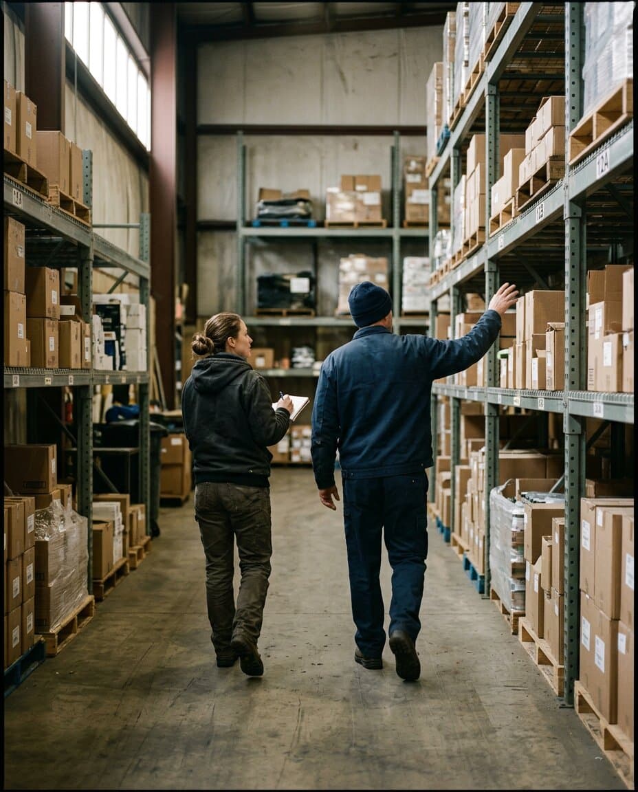 Two people walking down a warehouse aisle; one points at a shelf and explains, the other takes notes.