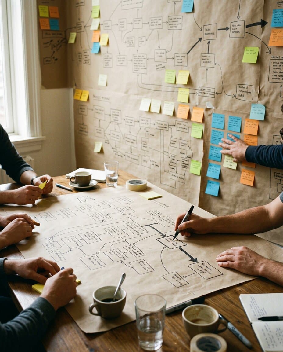Hands around a table covered in a hand-drawn process map and sticky notes; one hand draws an arrow.