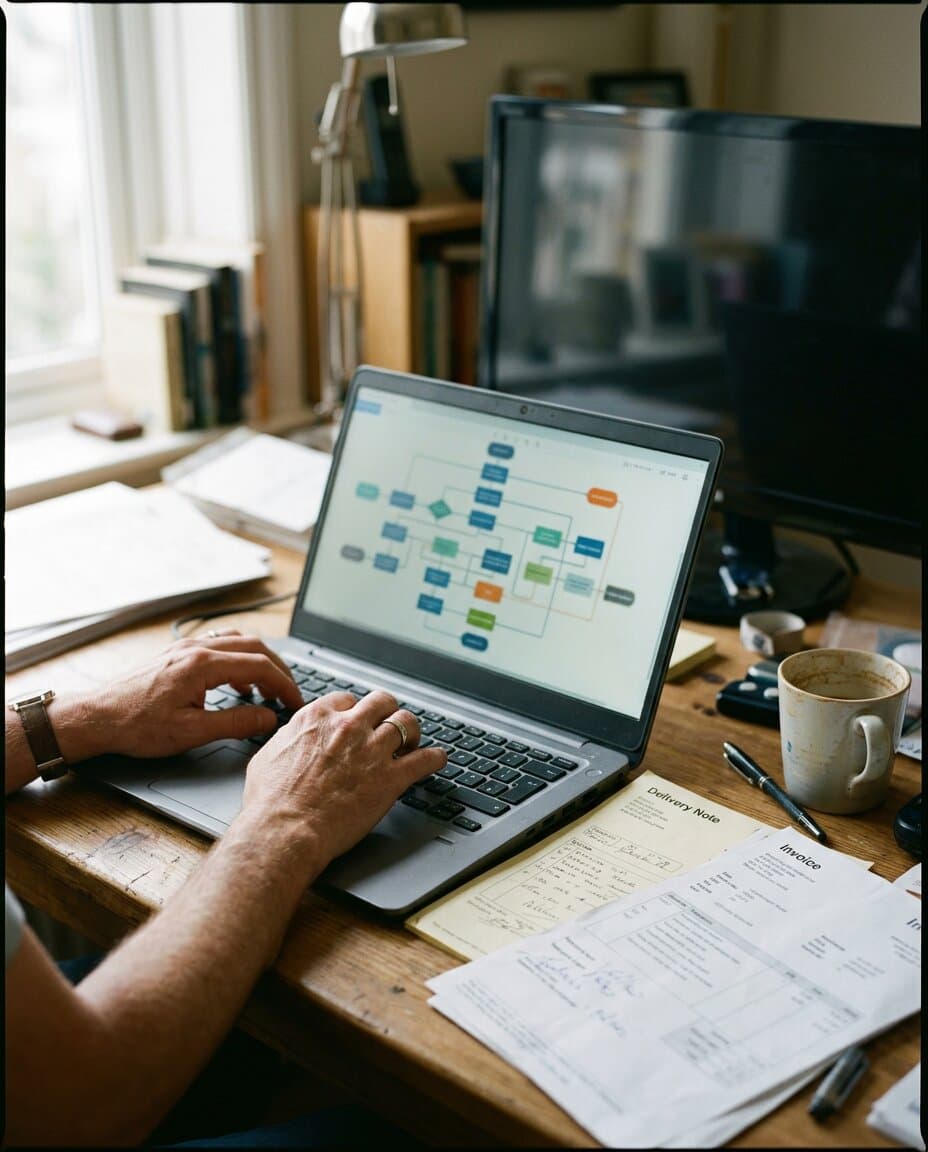 Hands typing on a laptop showing a flow diagram, a delivery note and an invoice on the desk beside it.