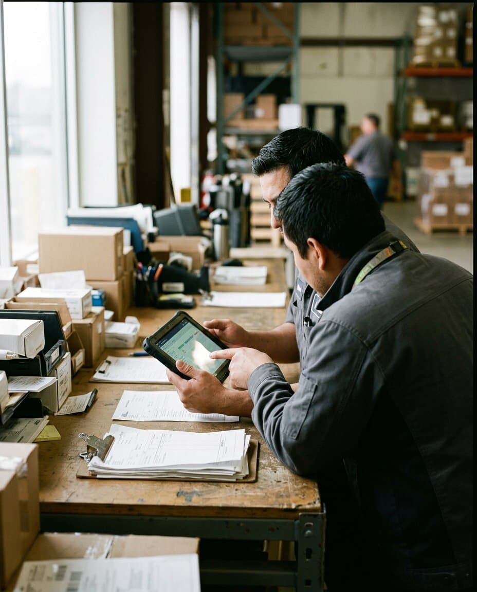 Two colleagues at a counter looking at a tablet, one pointing at the screen, order slips beside them.