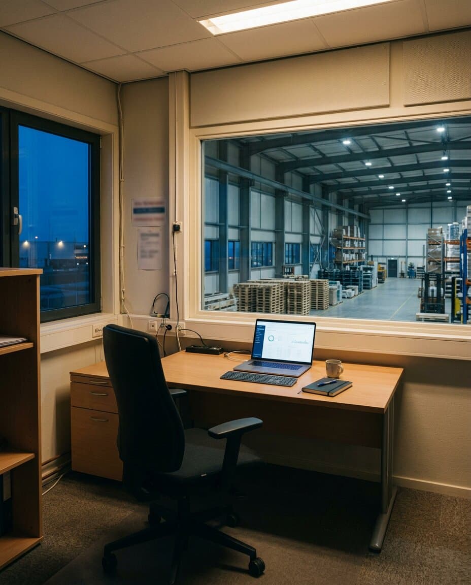 A tidy office at dusk with a laptop on the desk and the warehouse visible through an interior window.