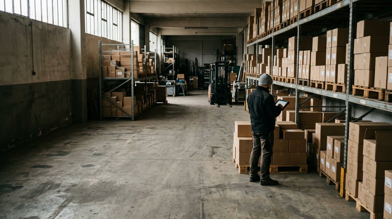 The aisle of a small distribution warehouse in the morning: shelving with boxes, a worker checking a tablet beside a pallet.