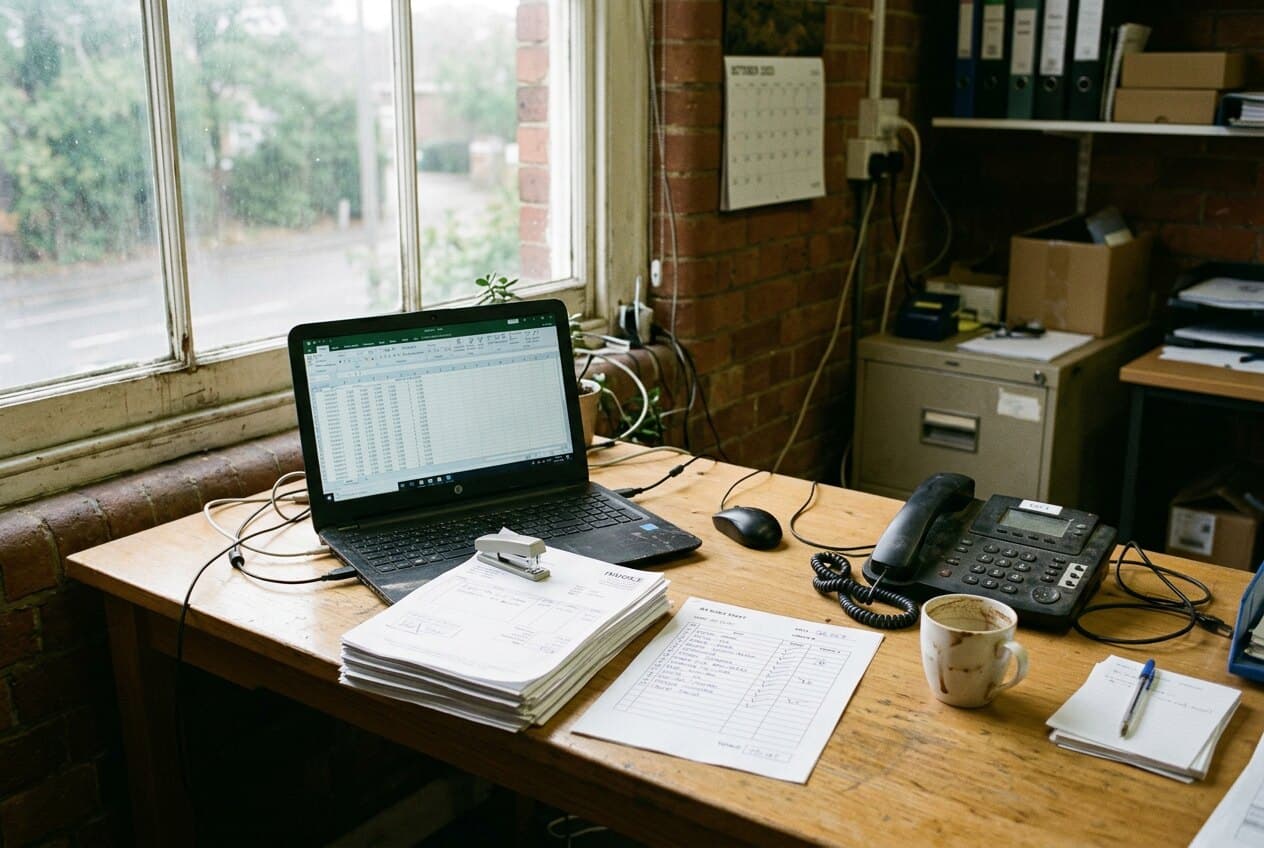 A back-office desk by a window: a laptop showing a spreadsheet, a stack of paper invoices, a landline phone, a cup of coffee.