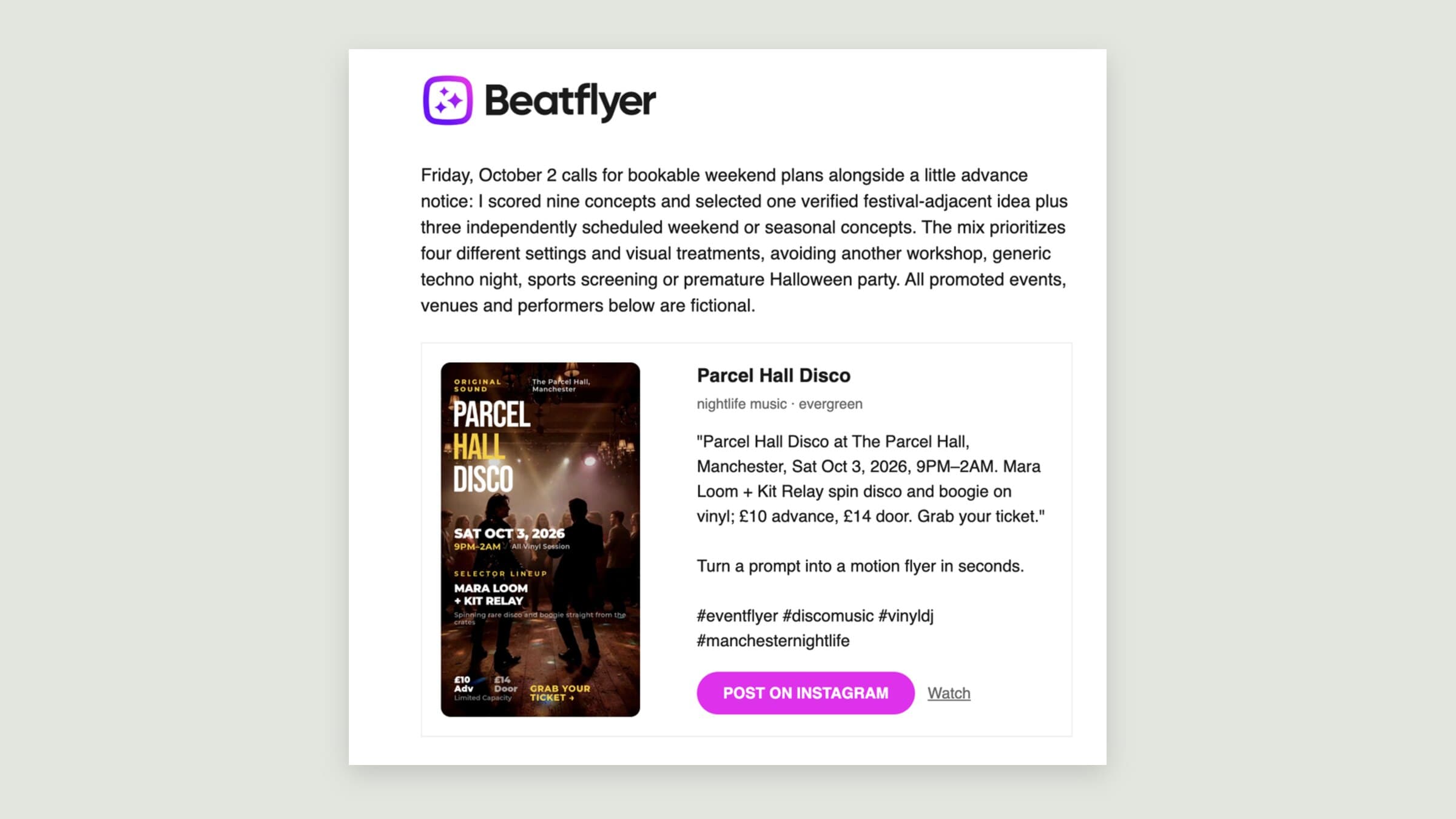 The daily email from the automation, showing a generated video flyer for a disco night with its caption, hashtags and a Post on Instagram button.